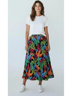 California Krush Woman Crinkle Maxi Skirt 2X, 100% Rayon Tropical Leaf Print Y2K